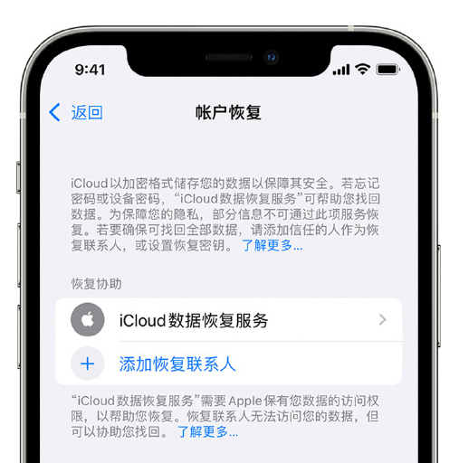 九合垸原种场苹果手机维修分享在 iPhone 上设置帐户恢复联系人的方法 